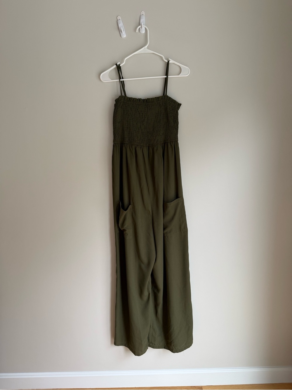 Olive Green Smocked Wide-Leg Jumpsuit